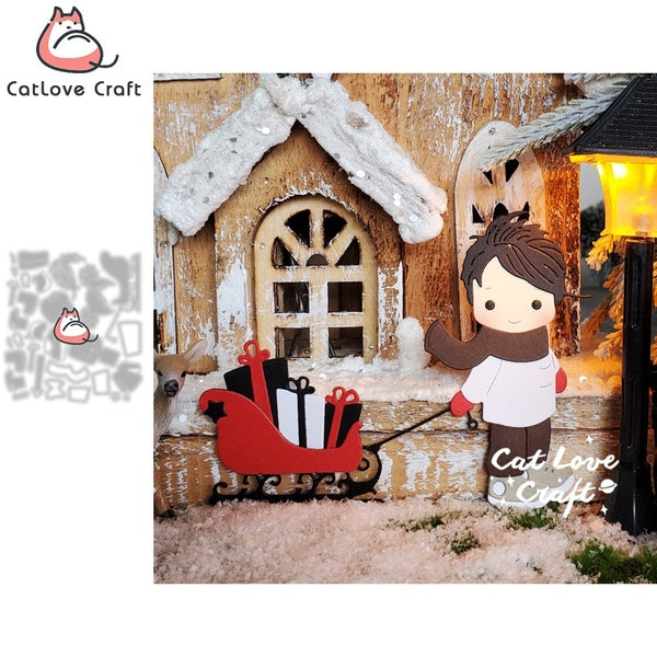 Christmas Pull gift sleigh Boy Girl Metal Cutting Dies Scrapbooking Stencil Die Cuts Card Making DIY Craft Embossing New 2022