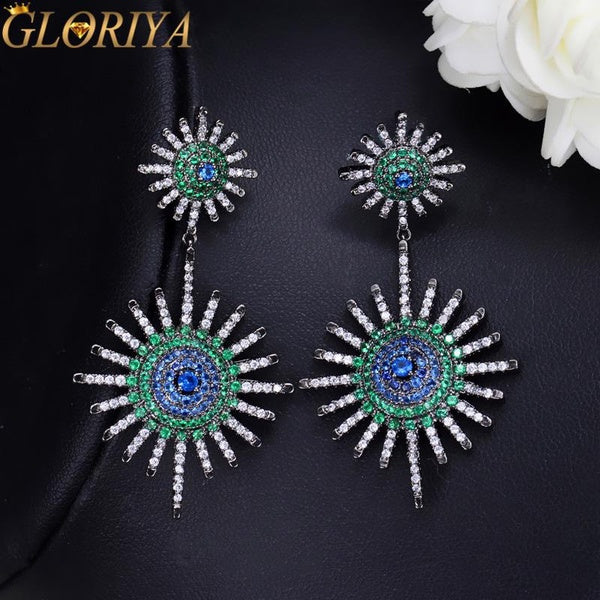 Gloriya Femme Africaine Déclaration Bijoux Noir Plaqué Or Complet Micro Incrustation Blanc Vert Bleu Zircon Cubique Double Feux D'artifice Forme Dang