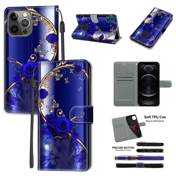 Coque de téléphone papillon en cuir gaufré bleu or rose avec support, fente pour carte et lanière pour iPhone 14-13-12-11-XR-XS & Samsung Galaxy S23 S2