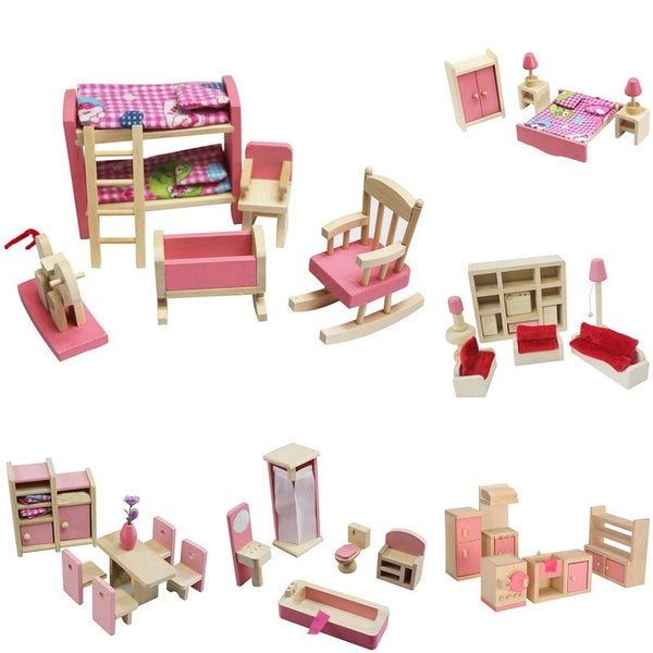 1Set Wooden Dollhouse Furniture Miniature Toy for Dolls Kids Children House Play Toy Mini Furniture Sets