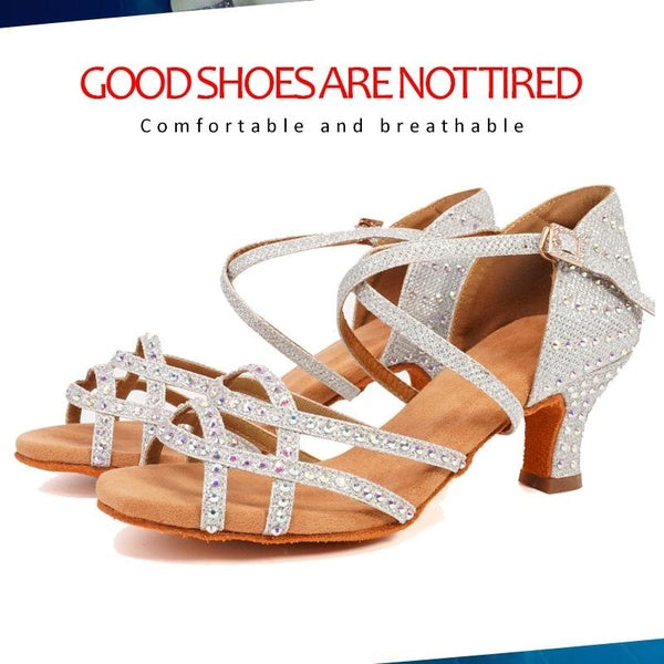 6cm High Heel New Latin Dance Shoes Women Rhinestone Salsa Glitter Ballroom Sandals Party Dancing Shoes