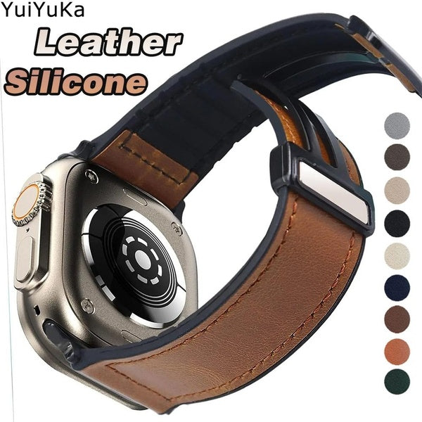YuiYuKa Genuine Leather+Silicone Band for SmartWatch Ultra 2-Ultra 49mm 9 8 7 41mm 45mm 44mm 40mm 38mm 42mm 44mm Magnetic Buckle Belt Strap Wristband