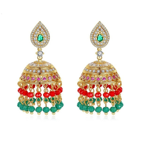 Gloriya 2024 Boho Ethnique Vert Rouge Perles Boucles D'oreilles À Pompons Vintage CZ Géométrique Goutte D'eau Grandes Boucles D'oreilles Pendantes po
