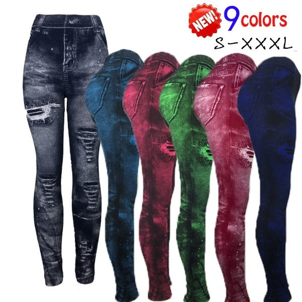 9 Colors Women's Fashion New Imitation Denim Leggings Female Hip Super Elastic Nine-point Pants( Looks Like Jeans,as Soft As Leggings)