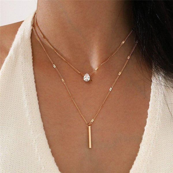 2022 New Simple Crystal Geometric Female Gold Double-layer Necklace Square Rhinestone Charms Pendant Necklace Set for Women Fashion Vintage Jewelry