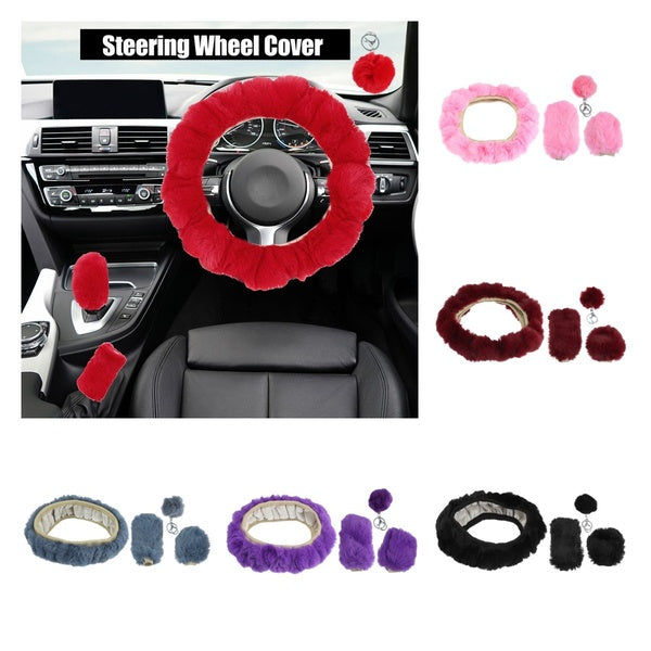 1 Set Fluffy Car Steering Wheel Cover Fit for 15 Inch Soft Fluffy Handbrake Cover Gear Shift Boot Cover Keychain Short Hair Dark Grey-Dark Red-Red-Bl