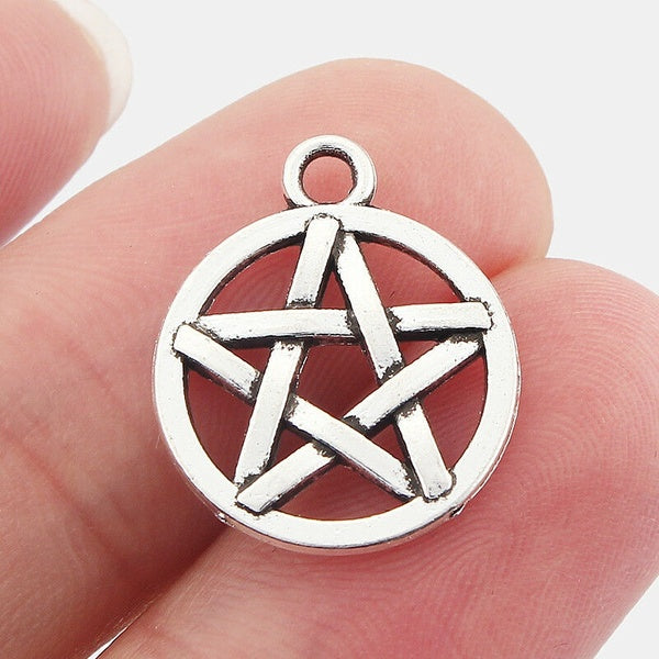 20Pcs Antique Silver Pentagram Pentacle 16mm Charms Pendants Beads Wiccan Pagan