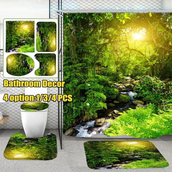 New Fashion 3D Nature Scenery River and Tree Scenery Bathroom Set Decro Waterproof Shower Curtain + Non-Slip Floor Mat + Bath Rug + Toilet Cover Set