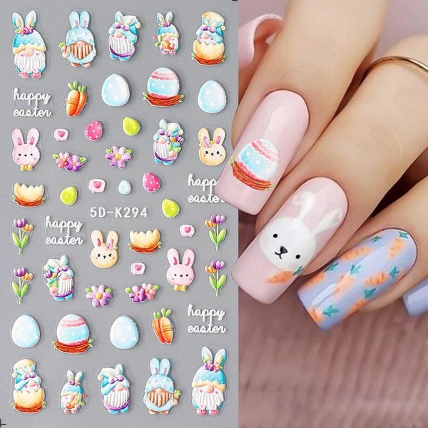 Cute Rabbit Egg Design Nail Stickers Happy Easter Flower Leaf 5D Soft Embossed Reliefs Self-Adhesive Sliders Nail Art Decoration