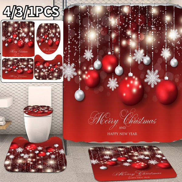 Bathroom Decor Merry Christmas Snowflake Red Waterproof Shower Curtain Set Anti-Slip Base Carpet Toilet Cover Bath Mat 1-3-4PCS