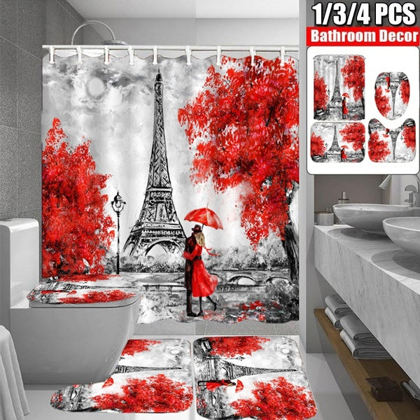 Red Art Tree Black Paris Eiffel Tower Pattern 1-3-4PCS Shower Curtain Toilet Mat Rug Set Bathroom Decor Set with 12 Hooks