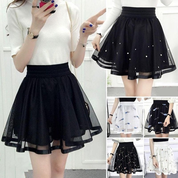 Women Pleated Skirt Stretchy High Waist Lace Casual Flared Mini Skirts