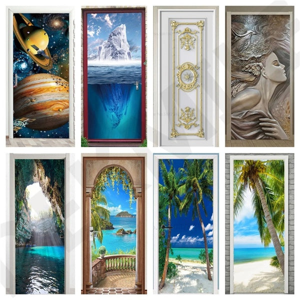 Natural Scenery Door Wallpaper 3D Home Decor Self-adhesive Waterproof Beach Removable Poster Luxury Stickers on the Doors Wall Decal deursticker