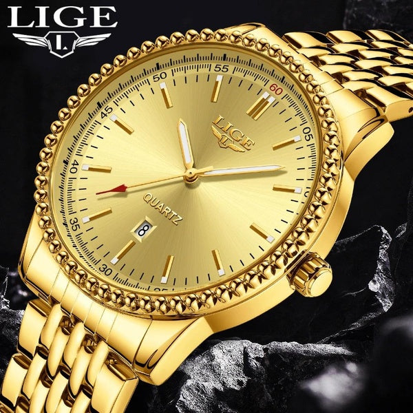LIGE - montre à Quartz dorée pour hommes, marque de luxe, mode militaire, étanche, chronographe, Relogio Masculino