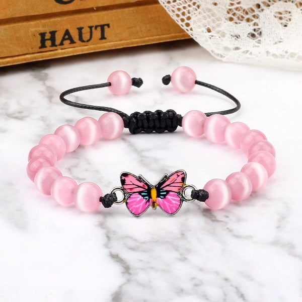 Exquisite Pink Cat Eye Beaded Bracelet Natural Agate Quartz Stone Butterfly Pendant Braided Bangles Handmade Adjustable Yoga Jewelry