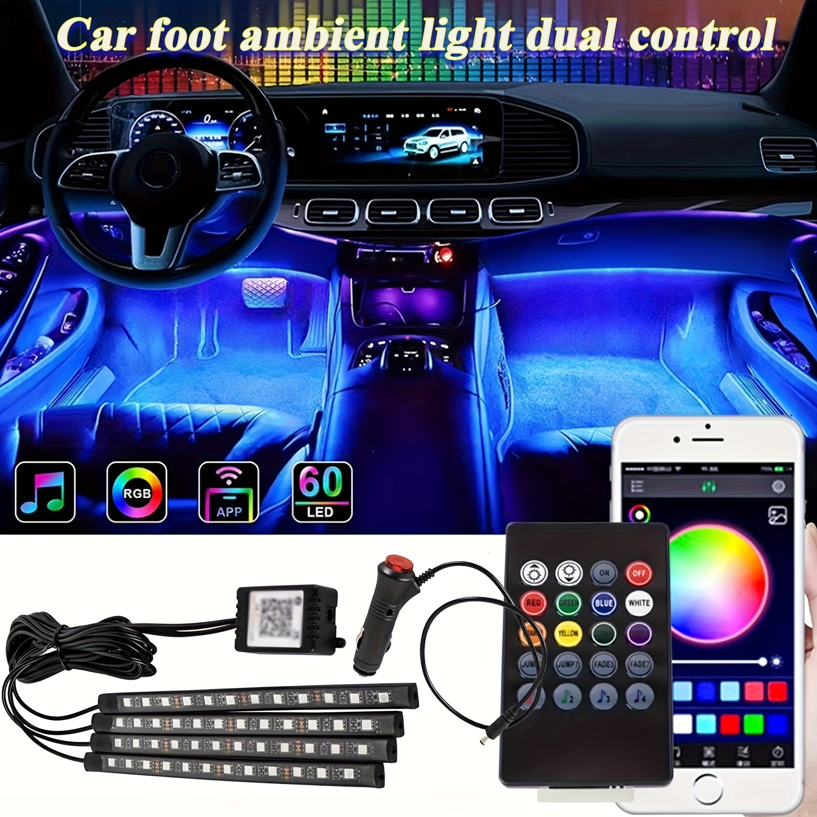 TEMU Dc12v Car Environment Led Light, Multiple Changing , Remote App , 48 Led Bulbs, Suitable For Car Models, Damage-free Installation, Your Vehicle