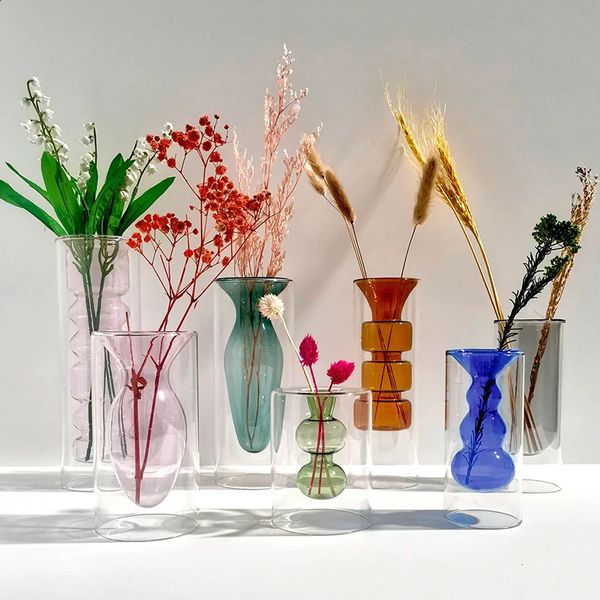 Creative double-layer glass vase colorful transparent terrace flowerpot hydroponic plant glass container home decoration 240731