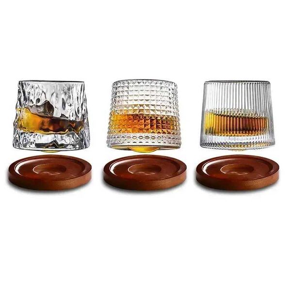 160ML Novelty Rotatable Whiskey Glass Cup Barware Old Fashioned Wine Glass with Wooden Base for Liquor Scotch Bourbon Bar ToolsB240719c