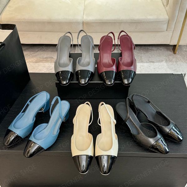 Top quality Burgundy slingback sandals Chunky block heels pumps shoes Kitten heels Dress shoes leather slip on shoes for womens Luxury desig