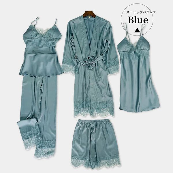 Summer With Chest Pad Full Slip Lace White Ice Silk Pajamas Set Women Suspender Shorts Five-piece Set Sleepwear Bathrobe 241120