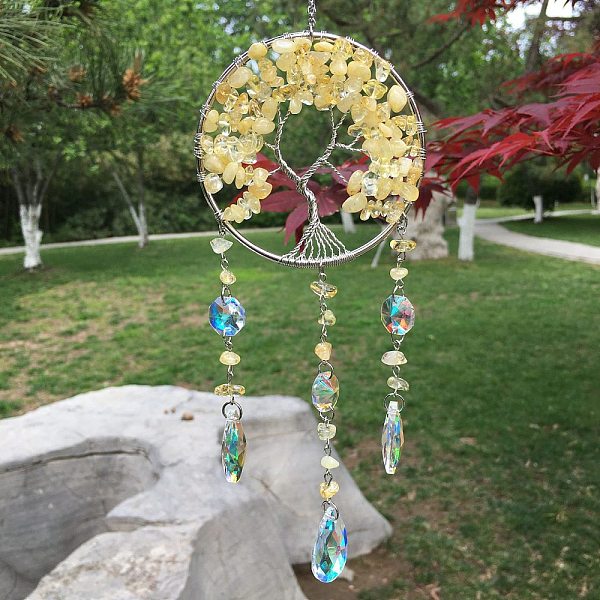 Metal Wire Wrapped Natural Citrine Chips Flat Round with Tree of Life Pendant Decorations. Hanging Suncatchers