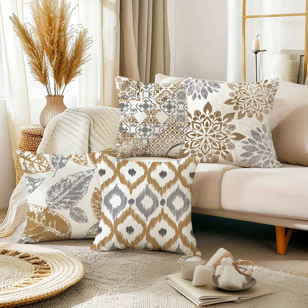 TEMU 4pcs, Floral Brown Throw Pillow Covers, Modern Abstract And Grey Cushion Covers, 18in*18in, Farmhouse Home Decor Pillowcases, For Porch Patio