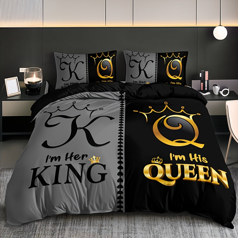 TEMU 3pcs Breathable And Queen Letter Duvet Cover Set (1 Duvet Cover + 2 Pillowcases Excluding Pillow Inserts), Suitable For Home And Dormitory With