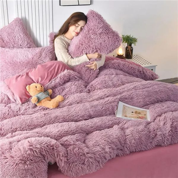 Winter Warm Plush Duvet Pink Romantic Princess Mink Veet Fluffy Flannel Quilt Cover Bedding Set King Size 240812