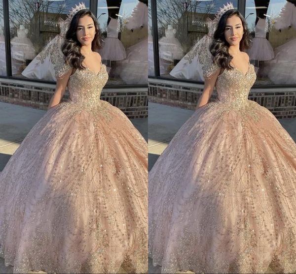 2023 Glitter Champagne Tulle Quinceanera Dresses Cap Short Sleeve Beading Beaded Crystal Floral Applique A-line Sweet 16 Dress Pink