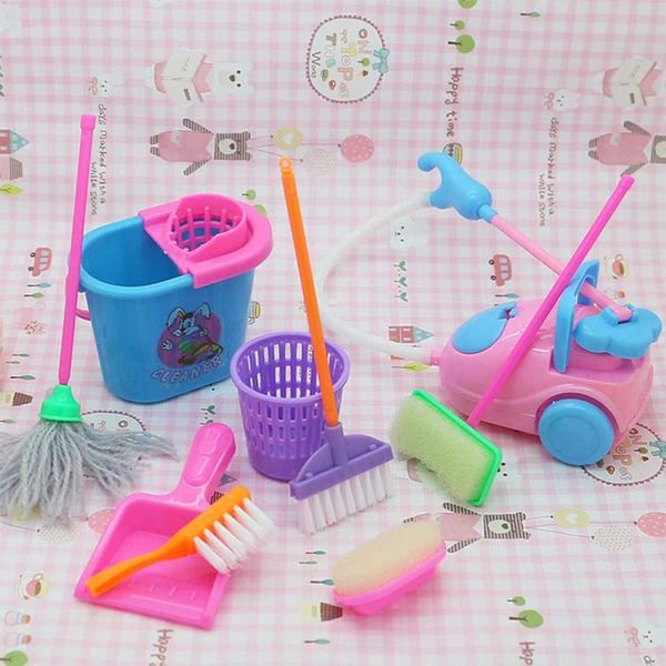 Ferramentas de limpeza de plástico itens miniaturas Mini MOPBroomVacuum Cleaner para Acessórios para Dollosas 1 12 Doll House Furniture Di