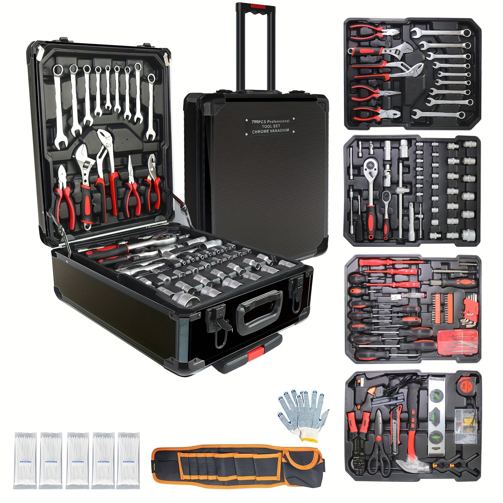 TEMU 799pcs Aluminum Trolley Case Tool Set Silvery, House Repair Kit Set, Household Hand Tool Set, With Tool Belt For Thanksgiving, Valentine's Day,