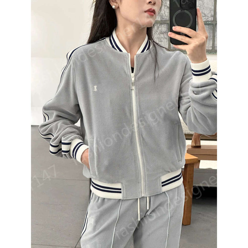 Womens Designer Velvet Cotton Tracksuit Set With Zipper Jacket and Pants Black and White Striped Tapes On Sleeves Hem and Pants Sides Embroidery Log