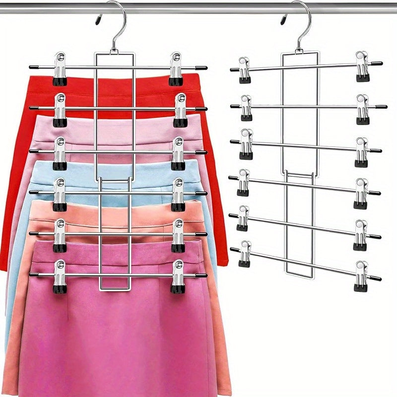 TEMU 2-pack Heavy-duty Metal Pants Hangers With Hook - Space-saving Closet Organizer, 6-tier Hanging Rack For Pants, Skirts, Dresses - Sturdy Garage,