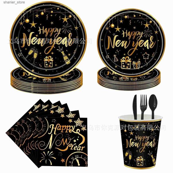 Disposable Dinnerware 2025 Happy New Year Party Black Gold Disposable Dinnerware Paper Plates Cups Napkins Cheer 2025 Happy New Year Party D