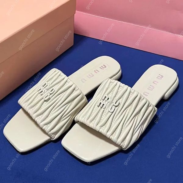slippers sandals mule designer sandals women flat bottomed pleated flip flops for women new casual outerwear one foot anti slip thick sole h