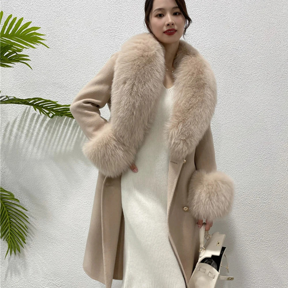 Long cashmere coat womens winter jacket with real fox fur collar fashionable wool blend streetwear 240911
