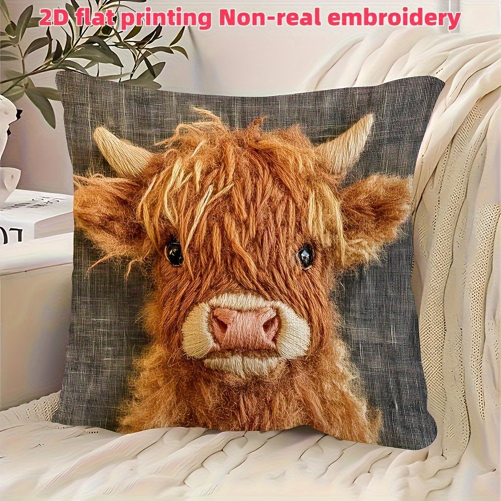 TEMU 1pc 2d Flat Printed Ultra Soft Short Velvet Highland Cow Cute Decorative Pillowcase, No Embroidery, Single-sided Printing, Zipper Closure, No