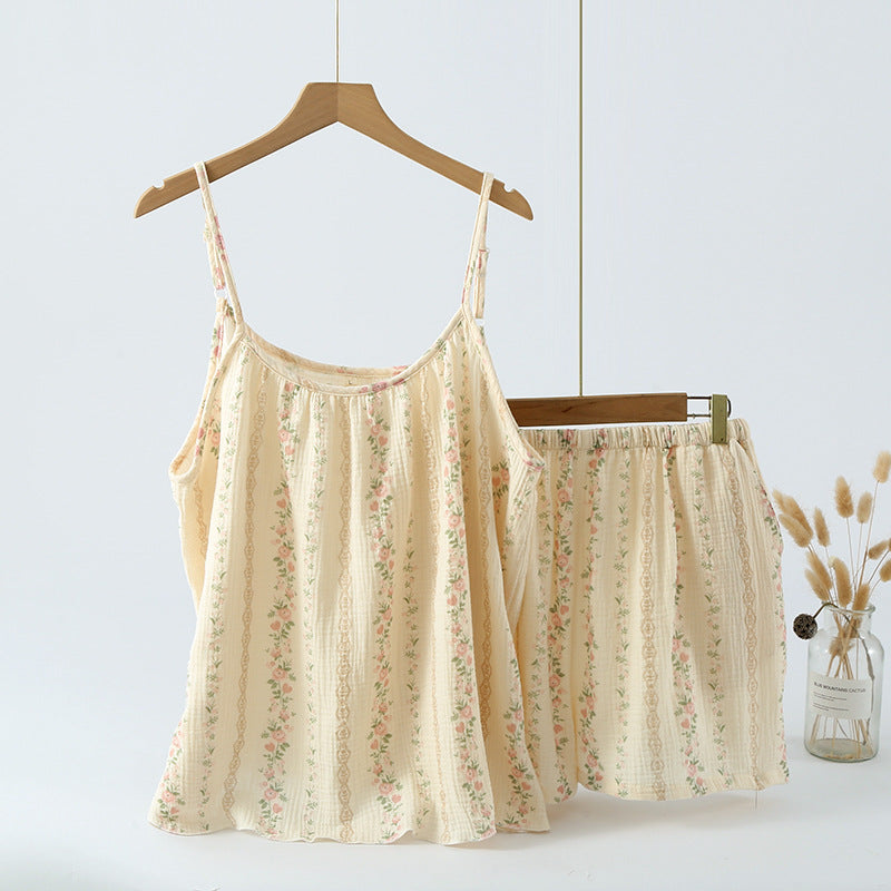 B986-Cotton yarn printed multi-color ladies summer suspenders short-sleeved shorts suit home clothes pajamas