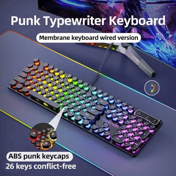 Keyboards EWEADN GX330 Typewriter Gaming Keyboard 104 Keys Wired Retro Punk Round Keyca with RGB Backlit for Windows Laptop PC black z241127