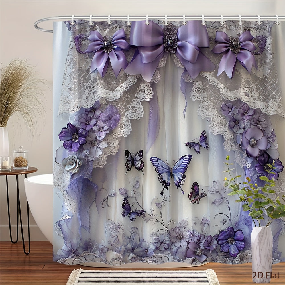 TEMU 1pc Fairy Tale Lace Shower Curtain - Floral Embroidery, Satin Bows, Scalloped Edges, Soft Translucent Texture, Vintage Aesthetic, Polyester