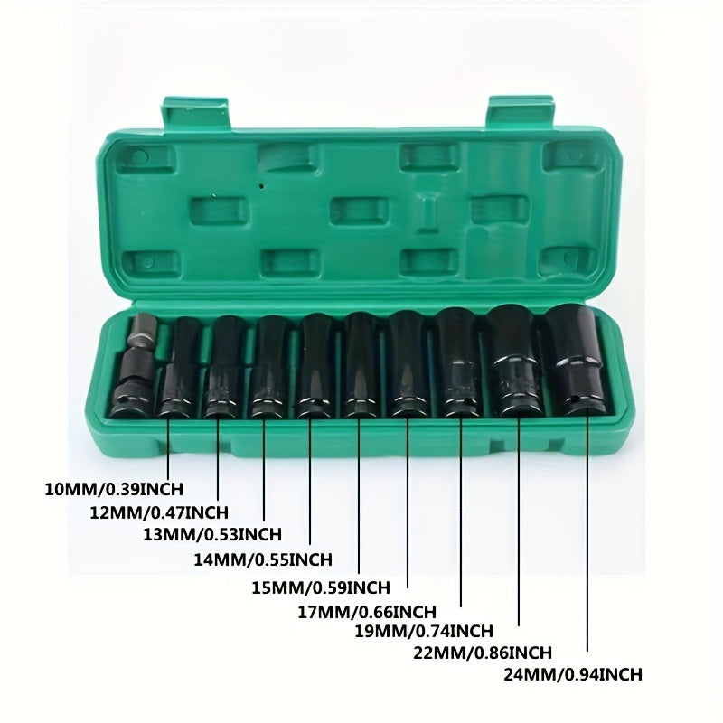 TEMU 10pcs Carbon Steel Impact Socket Set, 1-2" Drive, 6-point, Durable Green Storage Case - Professional Hand Tool Kit For Impact Drivers
