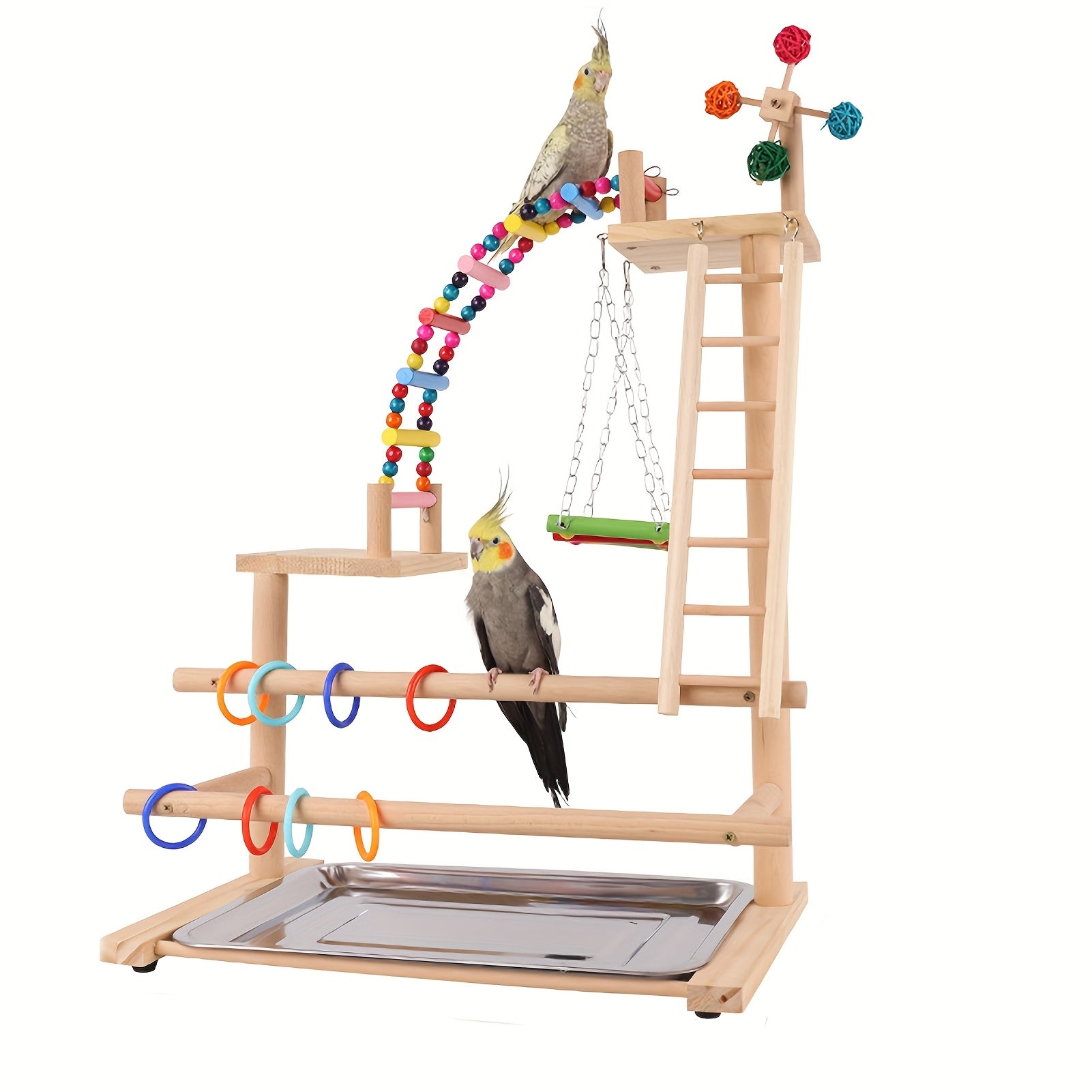 TEMU 1pc Deluxe Wooden Parrot Play Stand With Swing, Climbing Bridge, Ladder & Rings - Sturdy Natural Perch Toy For Climbing, Swinging, Mental