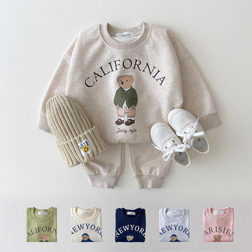 Clothing Sets Baby Boy Girl Clothing Sets Children Bear Pullover Sweatshirts Simple Solid Cotton Sports Pants 2pc Kids Clothes Boy Suit 230814