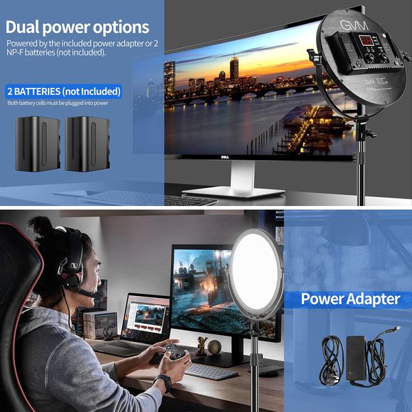 GVM Desk Mount LED Video Light 10-15inch Round Key Light LCD Display Bi-Color Professional Light for Game-Studio-Streaming-YouTu