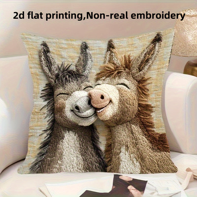 TEMU 1pc Cute Donkey Stuffed Pillowcase - Soft Beige Cartoon Donkey Design, 18x18 Inch, Single-sided Printing, Non-realistic Polyester Fabric, Zipper