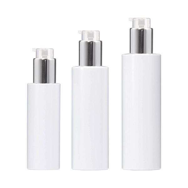 Shampoo Bottle Empty Plastic White Bottle Flat Shoulder PET 100ML 150ML 200ML Shiny Silver Collar Portable Packaging Cosmetic Refillable Lot