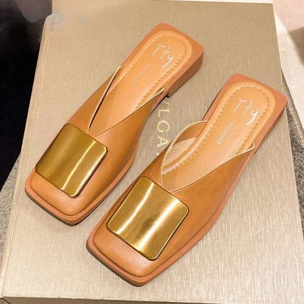 Slippers Women&#039;s Fashion Metal Buckle Mules for women Flat Heels Square Toe Shallow Shoes Outdoor Slides Female Casual Sandals d1d3