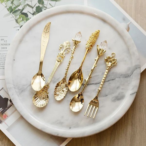 6piece retro spoon fork cutlery set mini royal style metal goldplated tea coffee snac fruit dessert kitchen tools 240826