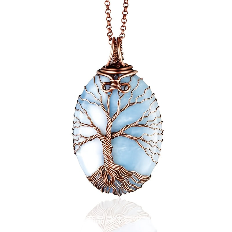 TEMU Vintage-inspired Copper Wire Wrapped Tree Of Life Pendant Necklace Gemstone - Casual Attire