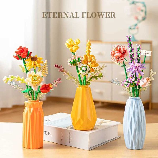Blocks Blocks Flower Bouquet Building Rose Sunflower Vase Model Bricks Desktop Decoration Girl Romantic Gifts Toys For Children H241107 Y250